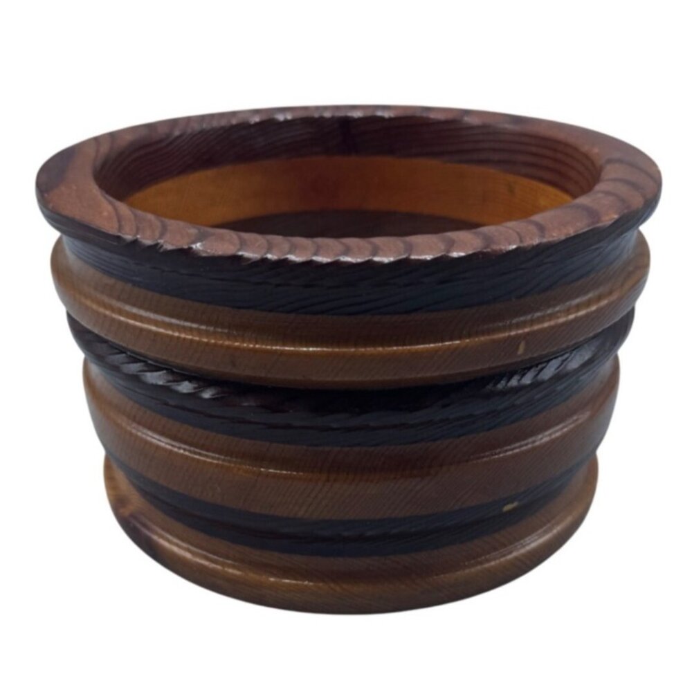Handcrafted Wooden Striped Bowl Glossy Finish rippled trinket decor 7x4" READ